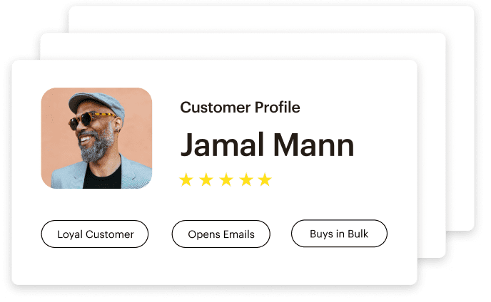 Individual customer information appears in a card format, with photo and attributes highlighted.